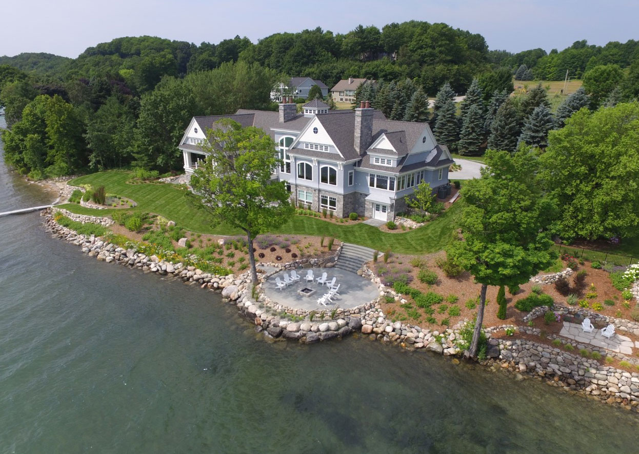 Aerial view of a landscaped estate in Northern Michigan